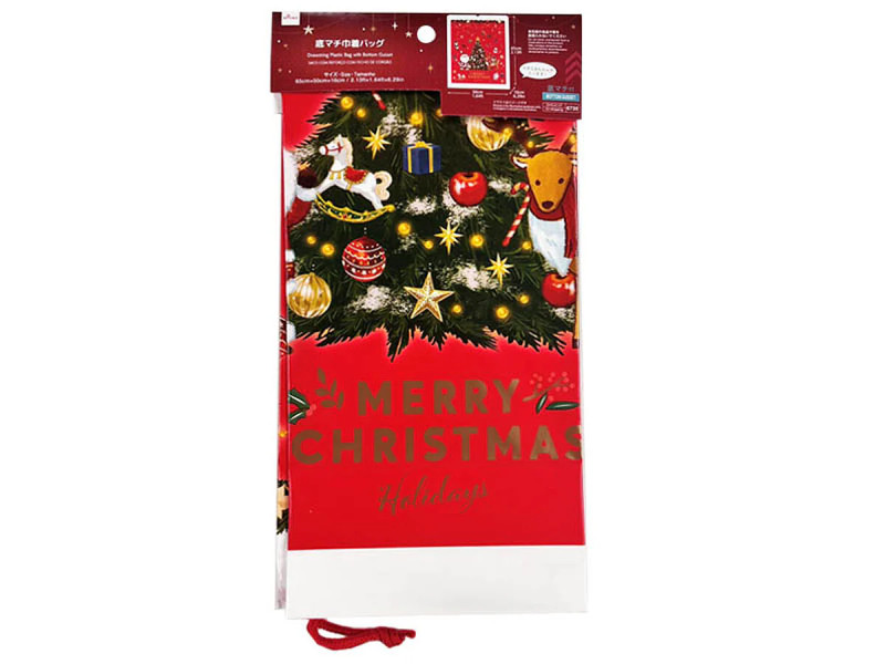 底マチ巾着バッグ（クリスマス、６５ｃｍ×５０ｃｍ×１６ｃｍ）