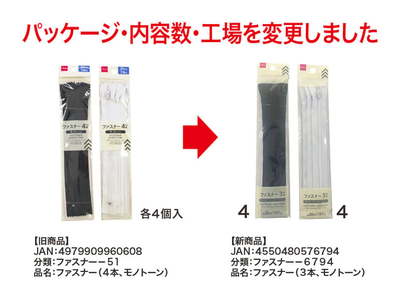 ファスナー（３本、モノトーン）