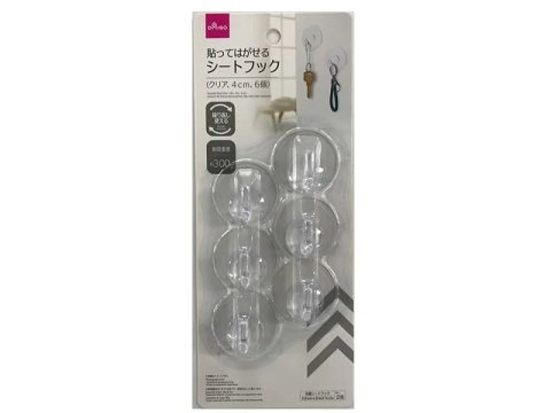 貼ってはがせるシートフック（クリア、４ｃｍ、６個）